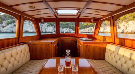 Luxurious wooden boat interior with view
