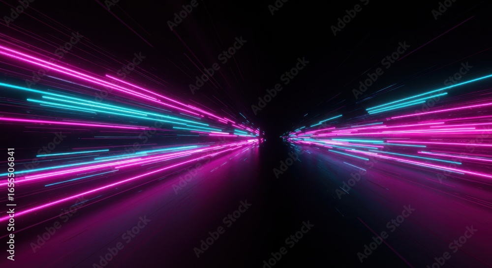 Poster abstract illustration of glowing neon light trails, creating a dynamic visual effect against a dark 