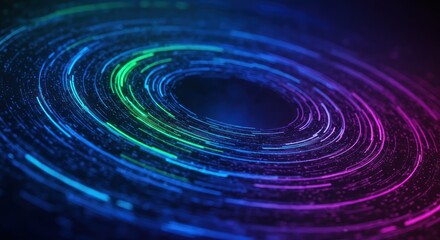 Abstract swirling nebula of vibrant neon light trails forming concentric circles.
