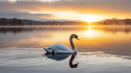 Fototapeta premium Graceful swan glides over mirror like lake at sunrise, creating serene atmosphere
