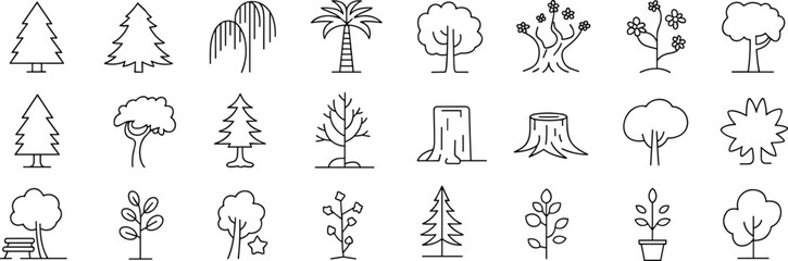 Tree outline icons, plant line vector set, nature ecology forest symbols, botanical garden illustration, eco-friendly environment minimal design