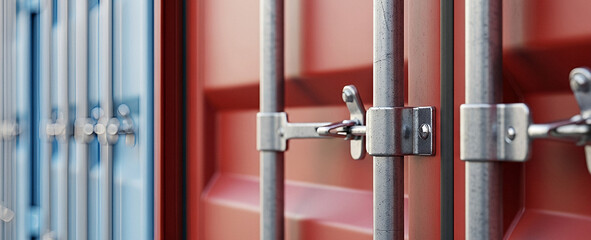Close-up of shipping container doors showing detailed metal bars and locking mechanisms, styled to emphasize durability, structure, and security in cargo logistics.