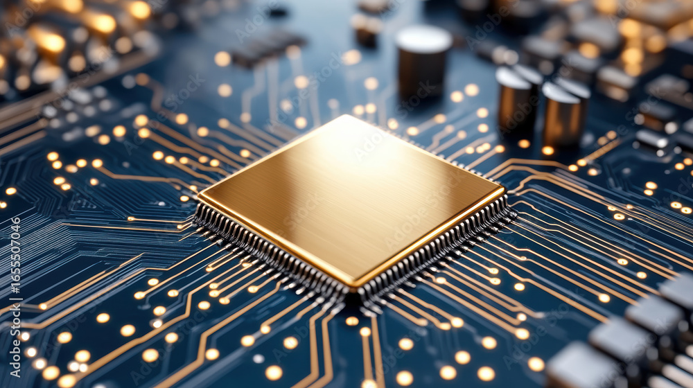 Poster golden microchip on circuit board with intricate connections and glowing lights