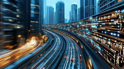 Fototapeta premium Urban skyline with futuristic train tracks illuminated by digital circuits, showcasing