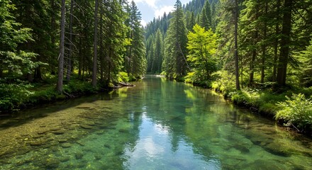 Obraz premium Close-up of a crystal-clear river flowing through lush green forest, symbolizing nature conservation, environmental preservation, pure water resources, biodiversity.