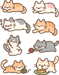 Cute Cartoon Cat Vector Set Playing and Sleeping in Kawaii Style