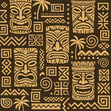 Seamless tribal tiki mask pattern with ethnic symbols and palm trees, traditional Polynesian cultural ornament vector design