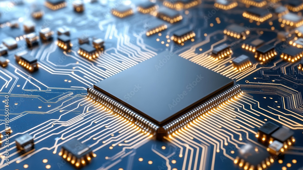 Poster high tech microchip with intricate circuit design and glowing connections