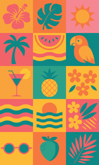 Flat vector design with beach, fruits, and holiday symbols