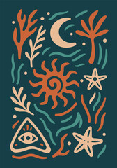 Mystical boho illustration with sun, moon, stars and abstract nature elements