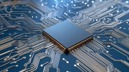 High tech microchip on circuit board with intricate connections and glowing elements