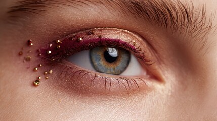 Fototapeta premium Burgundy winged eyeliner gemstones with gold eyeshadow beauty eye makeup closeup macro studio cool light premium clean neutral