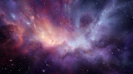 Vast, swirling nebulae of vibrant purples, pinks, and oranges, scattered with distant stars
