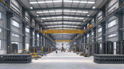 Obraz premium precast concrete factory interior production hall workshop gantry crane mold macro clean organized studio