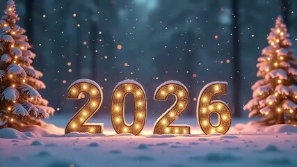 Illuminated 2026 holiday scene with glowing numbers, snow-covered Christmas trees, falling snowflakes, and forest background
- Powered by Adobe