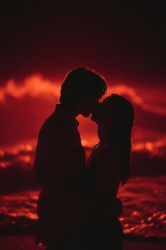 Romantic couple silhouette kissing by the ocean at sunset with dramatic red sky
