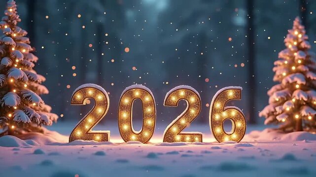 Illuminated 2026 holiday scene with glowing numbers, snow-covered Christmas trees, falling snowflakes, and forest background
