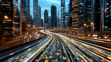 Fototapeta premium Dynamic cityscape with illuminated skyscrapers and light trails from vehicles