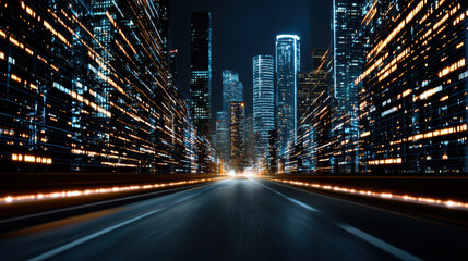 Vibrant city skyline at night with illuminated skyscrapers and light trails from vehicles