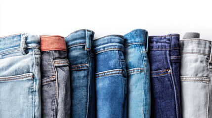 Row of folded denim jeans in various shades of blue and gray on white background