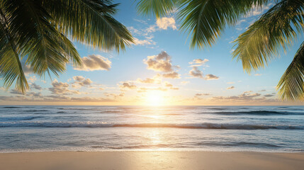 Obraz premium Sunset over ocean with palm leaves framing scene, creating serene atmosphere