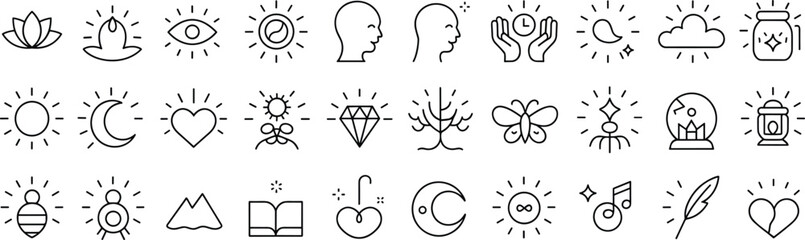 Spirituality mindfulness line icons set, meditation yoga healing energy symbols outline, esoteric mystical moon sun heart vector illustration
