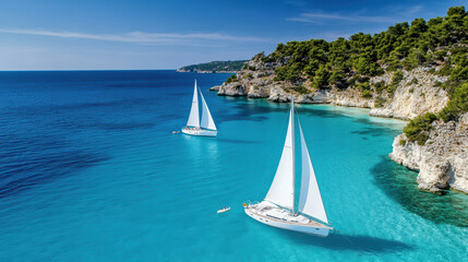 Obraz premium Sailboats glide through turquoise waters near rugged coastline, creating serene and picturesque
