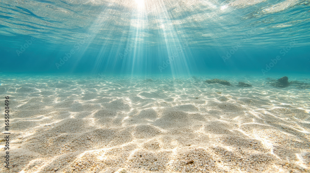 Poster clear underwater scene with sunlight filtering through water, creating beautiful patterns sandy