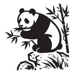  Silhouette of a panda sitting on a rock and munching on bamboo.