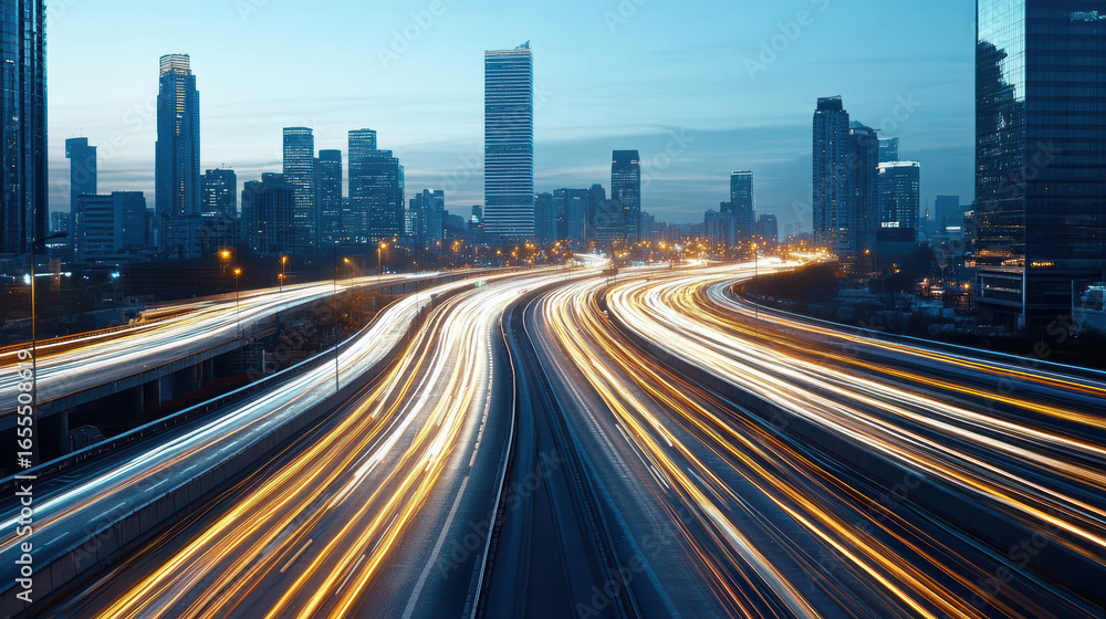 Poster urban skyline at dusk with light trails from moving vehicles creating dynamic scene