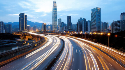 Obraz premium Urban skyline dusk with light trails from moving vehicles, showcasing modern architecture