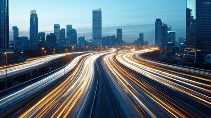 Fototapeta premium Urban skyline at dusk with light trails from moving vehicles creating dynamic scene