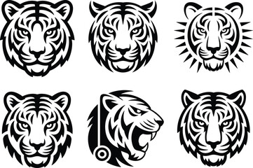 Black and white stylized tiger head vector set, fierce animal emblem design, tribal tattoo illustration, mascot logo template, aggressive wild cat art