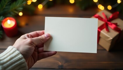 Obraz premium A hand presents a blank greeting card Christmas backdrop with blurred candlelight and wood , greeting card, holiday
