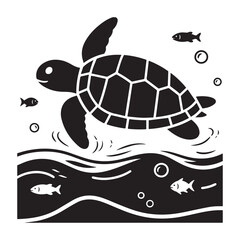  Silhouette of a turtle swimming in a body of water, white background.