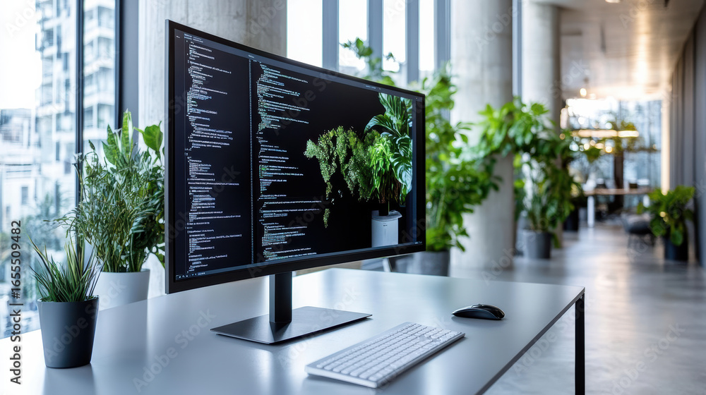 Poster modern workspace featuring large monitor displaying code, surrounded by indoor plants
