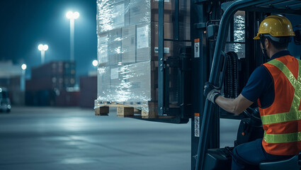 Fototapeta premium Worker operating a forklift moving stacked goods in a warehouse area at night, styled to emphasize cargo transport, heavy equipment operation, and logistics workflow.