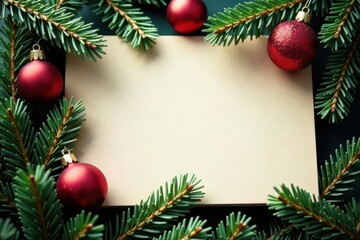 Blank notepad, fir branches, ornaments, festive background, wood, festive background, happy new year