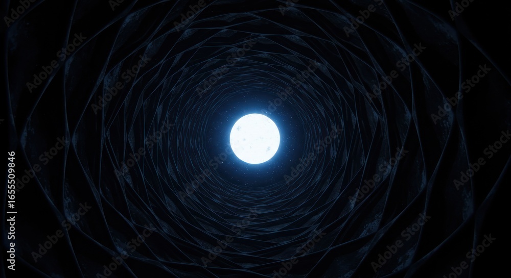Poster a luminous orb glows at the end of a dark, undulating tunnel, creating a mesmerizing, abstract visua