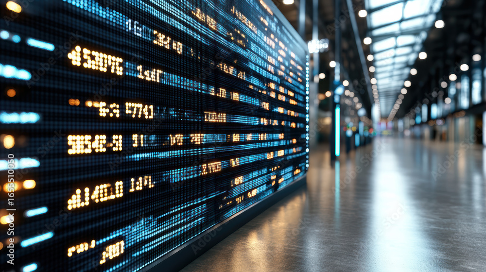 Poster digital trading interface displaying stock market data with flashing signals and bright lights