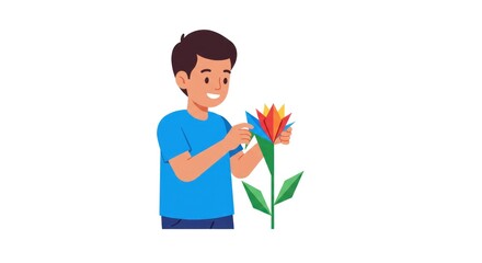 Smiling boy carefully crafting a vibrant origami flower.