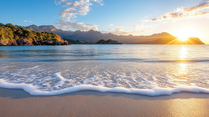 Fototapeta premium Serene beach scene with gentle waves lapping at shore, illuminated by stunning sunset