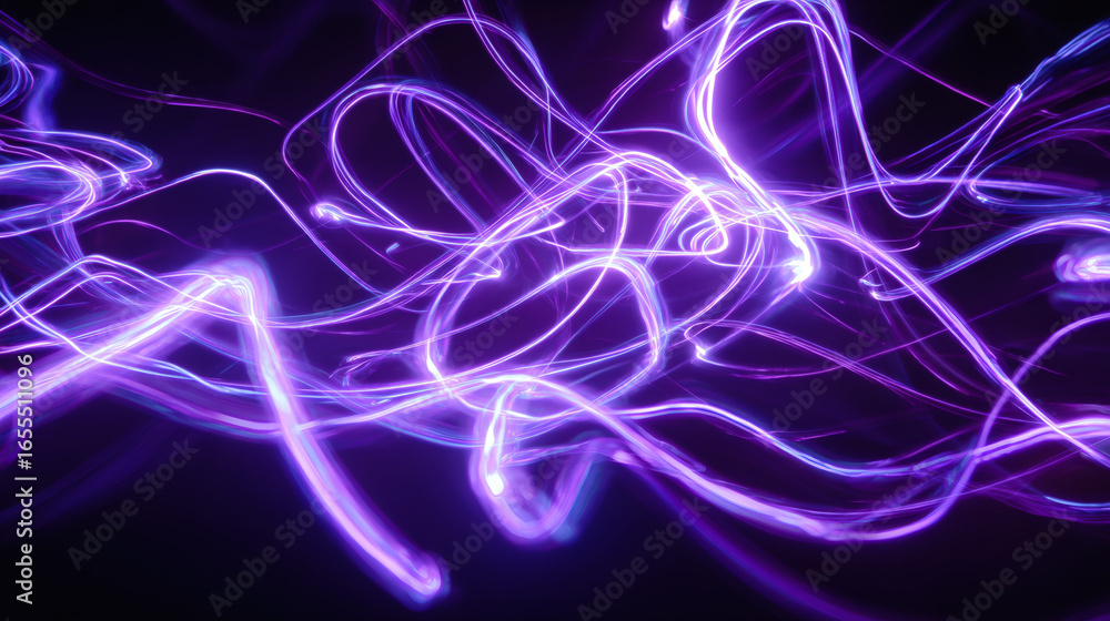 Poster neon purple light streaks create abstract squiggle patterns against dark background, evoking sense o
