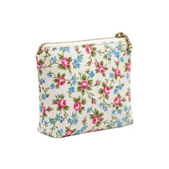 A delightful small pouch adorned with a beautiful vintage inspired floral print of pink roses and blue blossoms. Perfect for organizing coins, makeup, or small items.