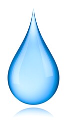 A single, teardrop-shaped water droplet with a subtle reflection