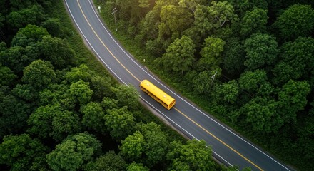Aerial view of a yellow school bus driving along a winding road through a dense green forest.
