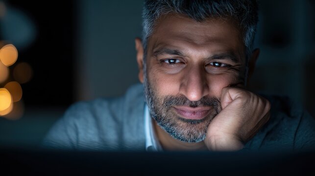 laptop reflection face eyes wide notifications social media email screen latenight office darkmode cool lamp neutral