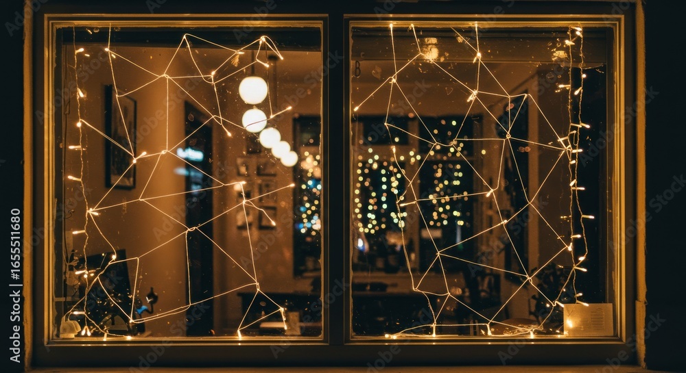 Poster window decorated with string lights creating geometric patterns, reflecting city lights at night.