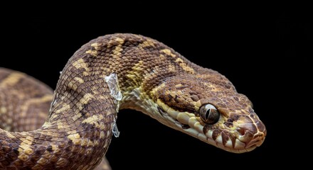Fototapeta premium Close-Up Portrait of a Brown Python Against Black Background
