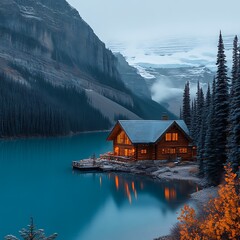 Fototapeta premium A log cabin nestled on a serene lake surrounded by majestic mountains.